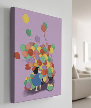 Bunte Luftballons mit einem Kind und einer Katze auf violettem Hintergrund
