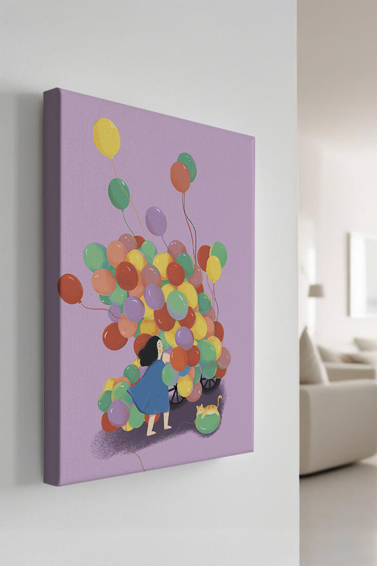 Bunte Luftballons mit einem Kind und einer Katze auf violettem Hintergrund
