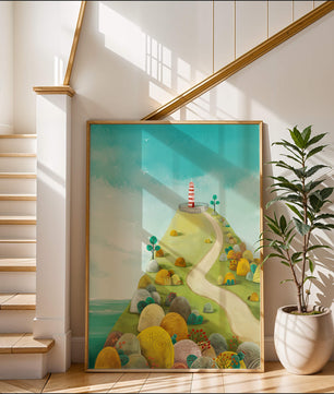 Charming lighthouse illustration on a scenic hilltop