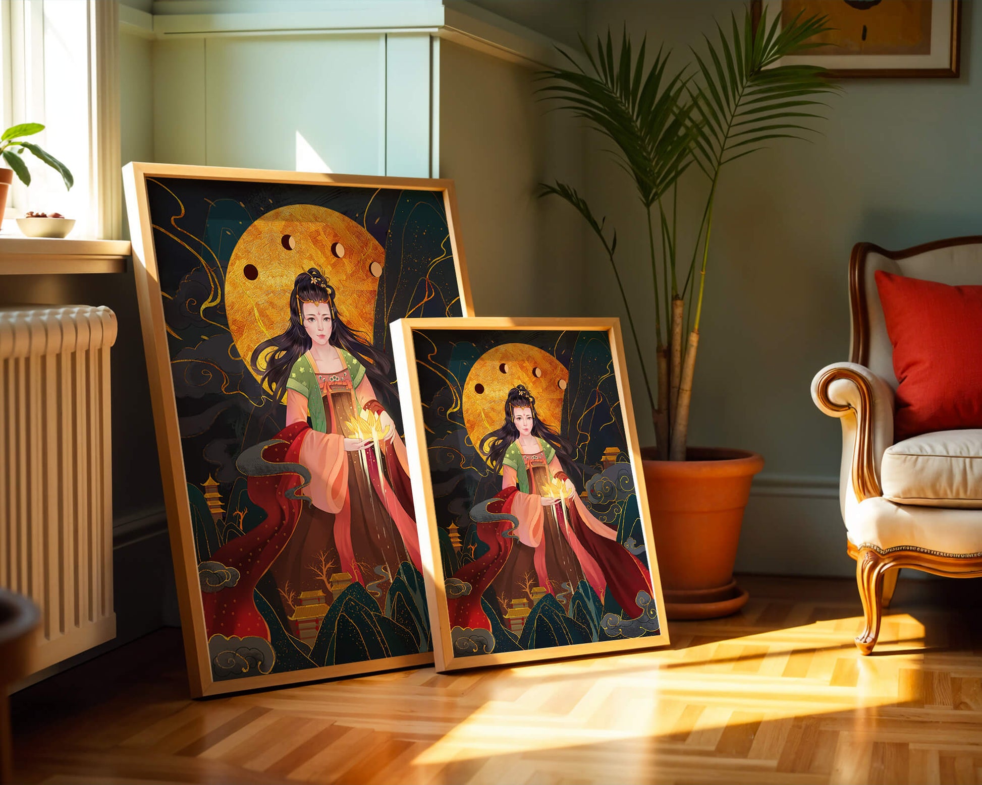 Elegante representación de una figura mítica con un fondo celestial dorado.
