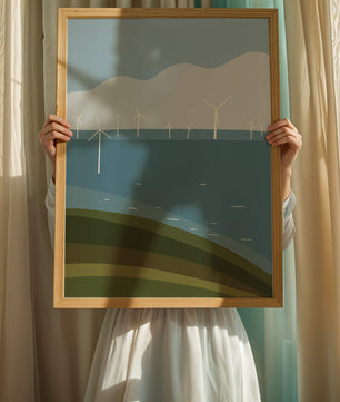 Wind Turbines on Rolling Hills Against a Clear Blue Sky