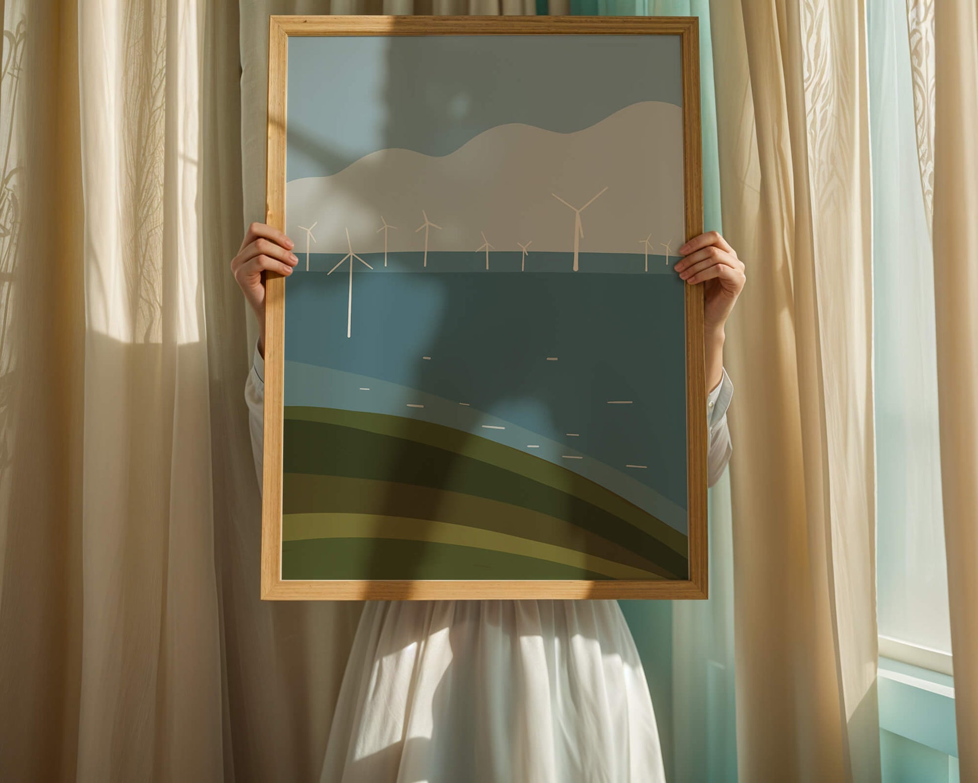 Wind Turbines on Rolling Hills Against a Clear Blue Sky