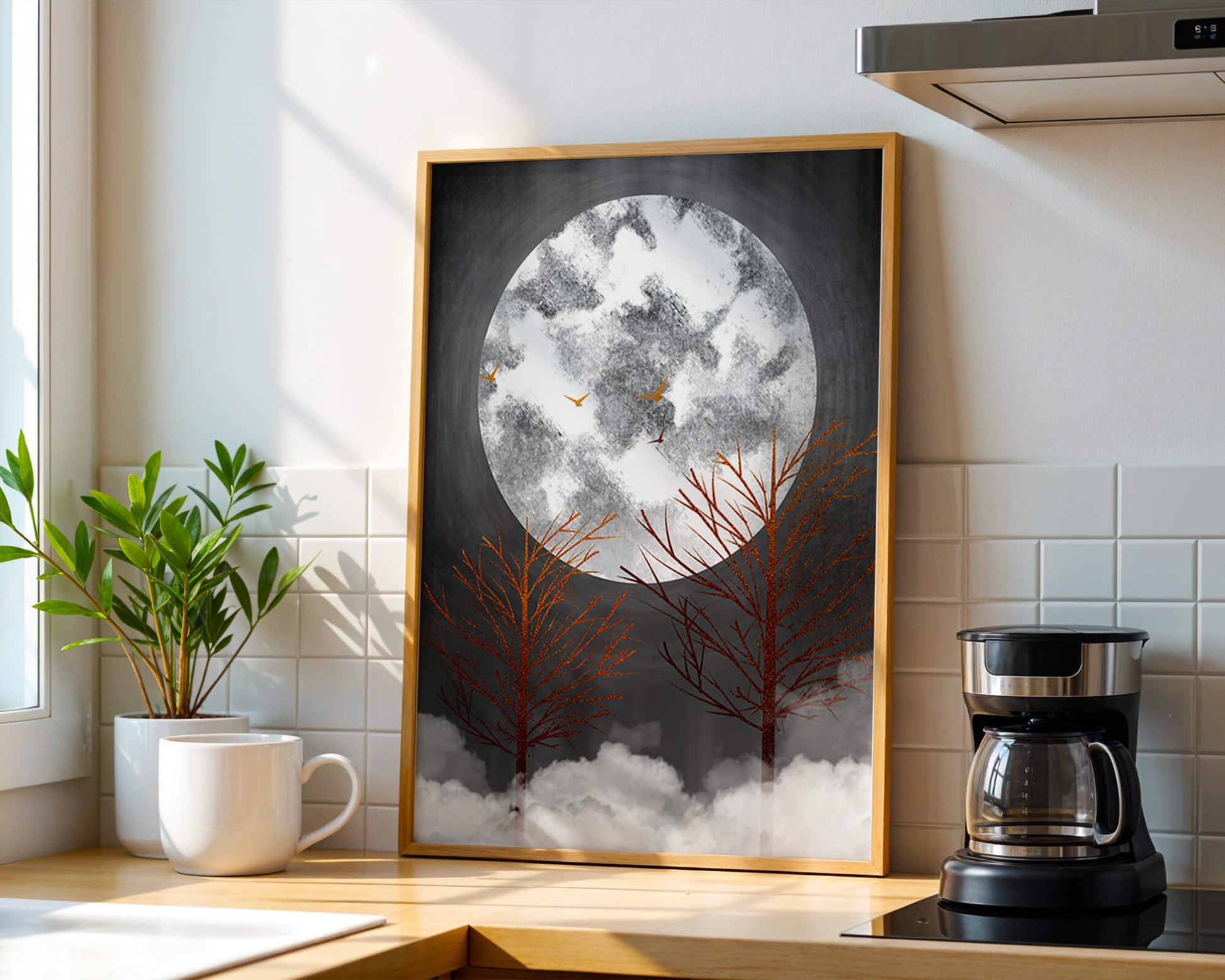 Surreal Night Scene with Trees and Golden Birds in Moonlight