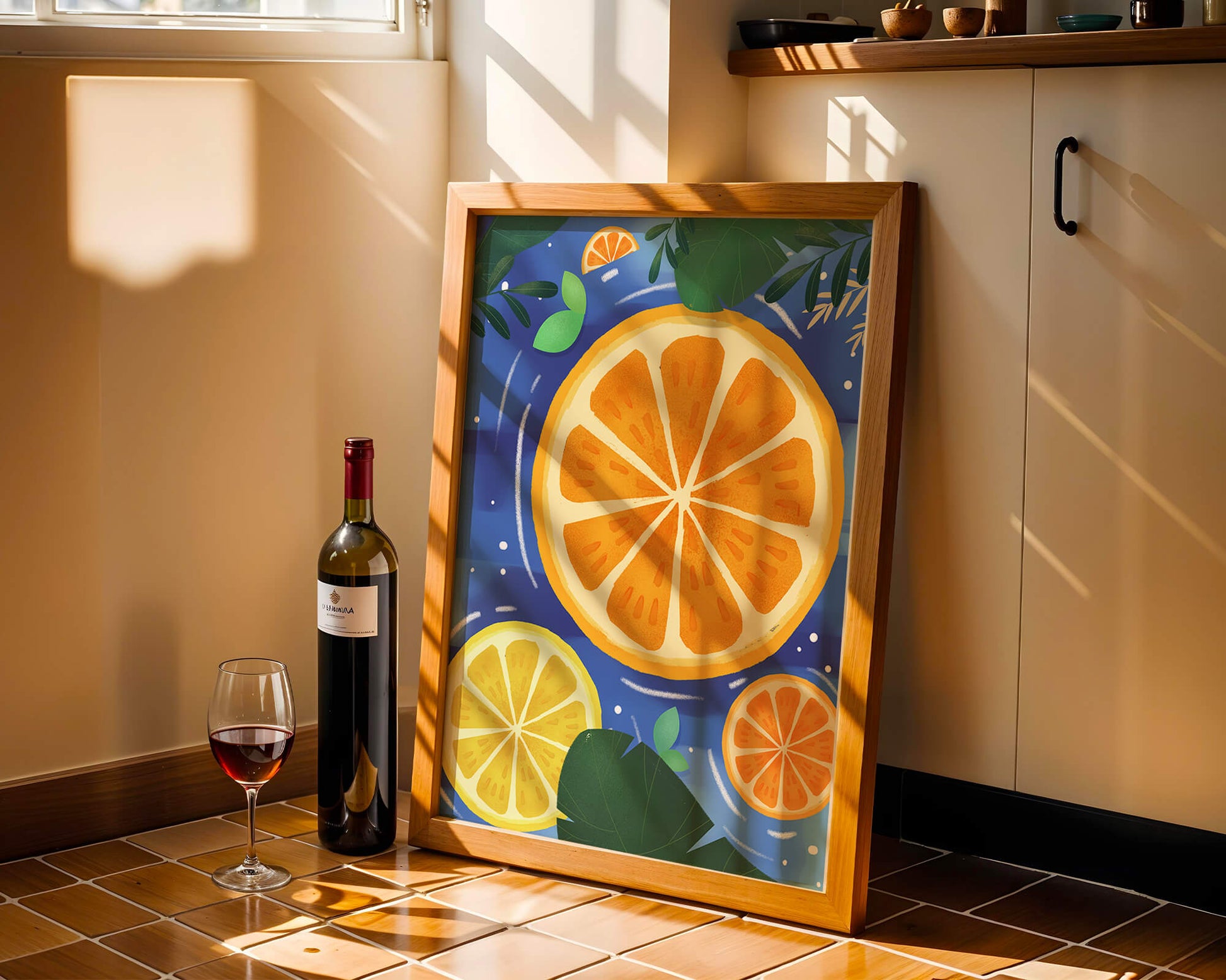 Rodajas de cítricos coloridas sobre fondo azul con hojas tropicales