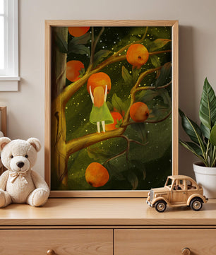 Little Girl Picking Oranges on a Starry Night