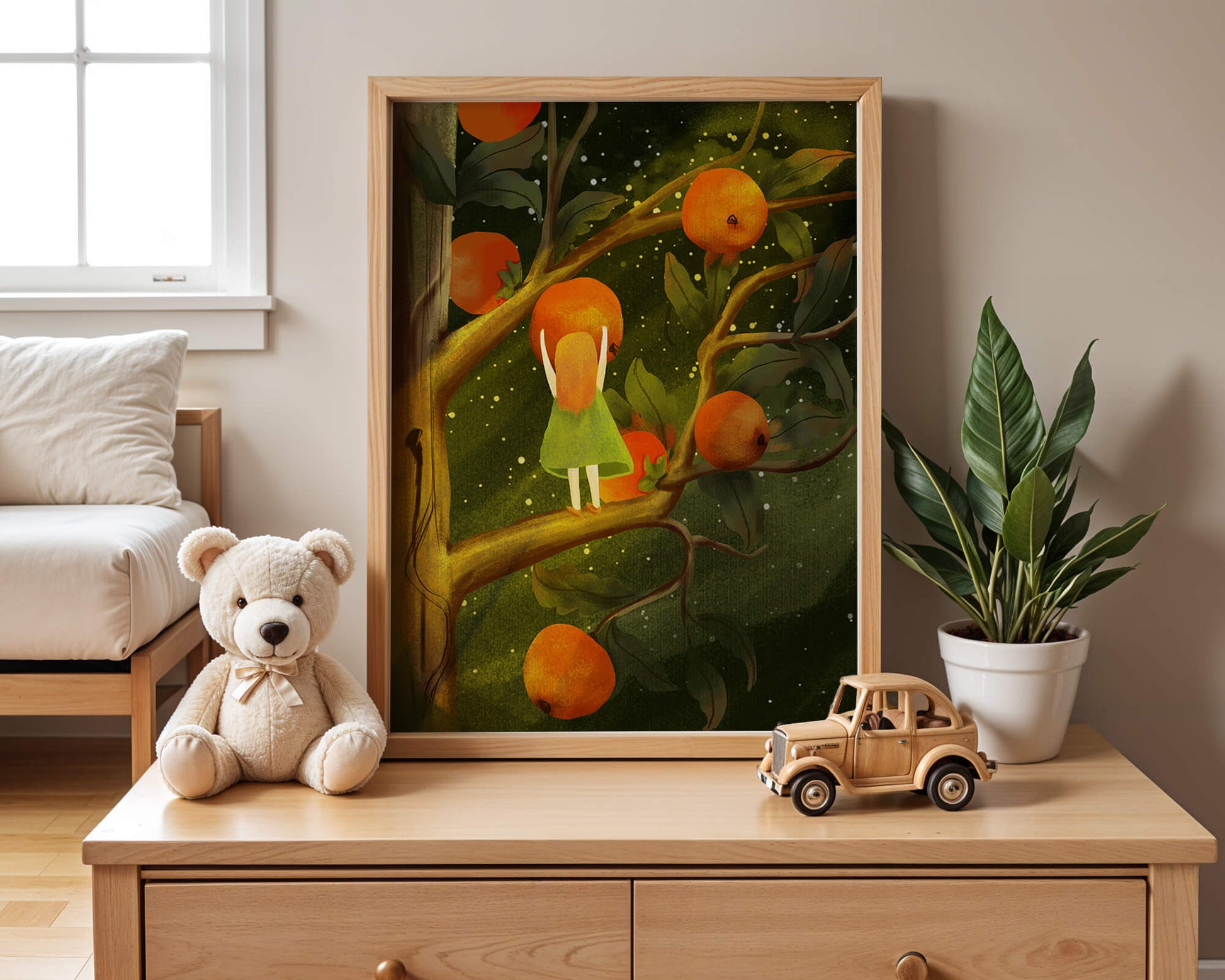 Little Girl Picking Oranges on a Starry Night