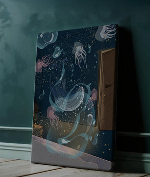 Tema de cuarto submarino con medusas y una puerta