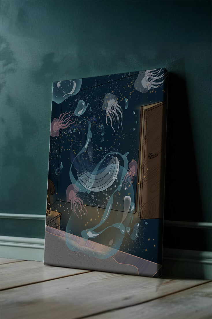 Underwater-themed room with jellyfish and a door