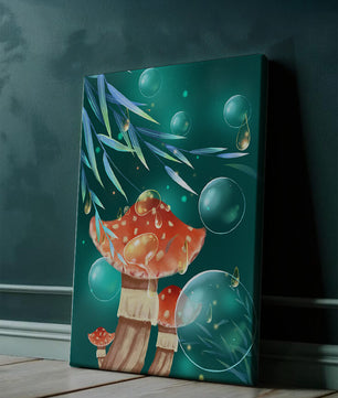 Whimsical forest scene with mushrooms and glowing bubbles