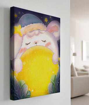 Sleepy rabbit with starry hat holding a glowing ball in a dreamy night scene