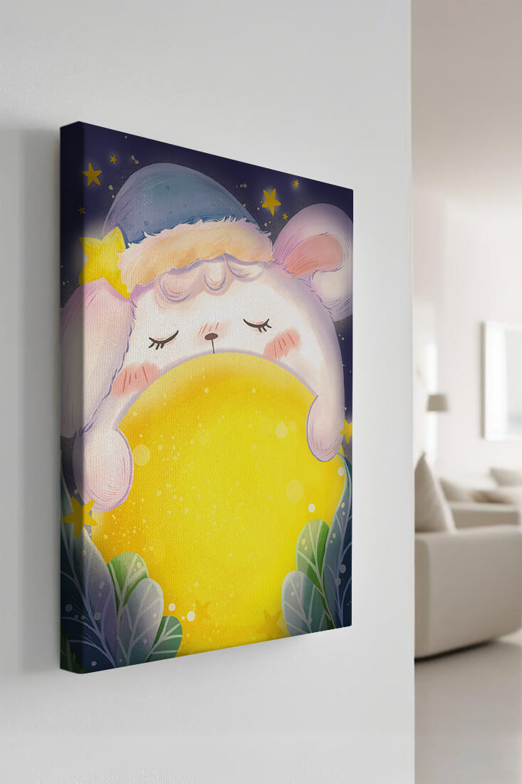 Sleepy rabbit with starry hat holding a glowing ball in a dreamy night scene