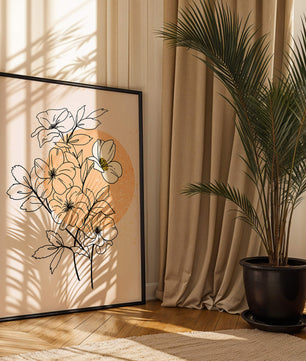 Ilustración floral minimalista con tonos pastel y fondos abstractos