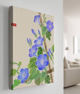 Obra floral delicada con glorias matutinas azules vibrantes