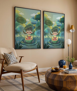 Charming illustration of a child enjoying watermelon amidst whimsical nature