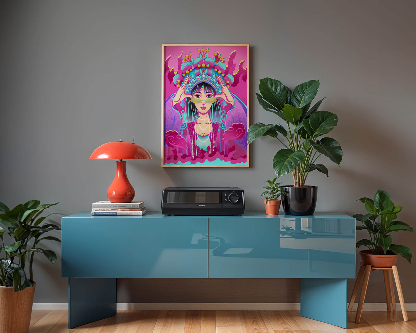 Colorful illustration of a woman in traditional costume with ornate headpiece