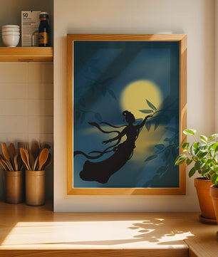 Silhouette of a Woman Reaching for Leaves in Front of a Full Moon
