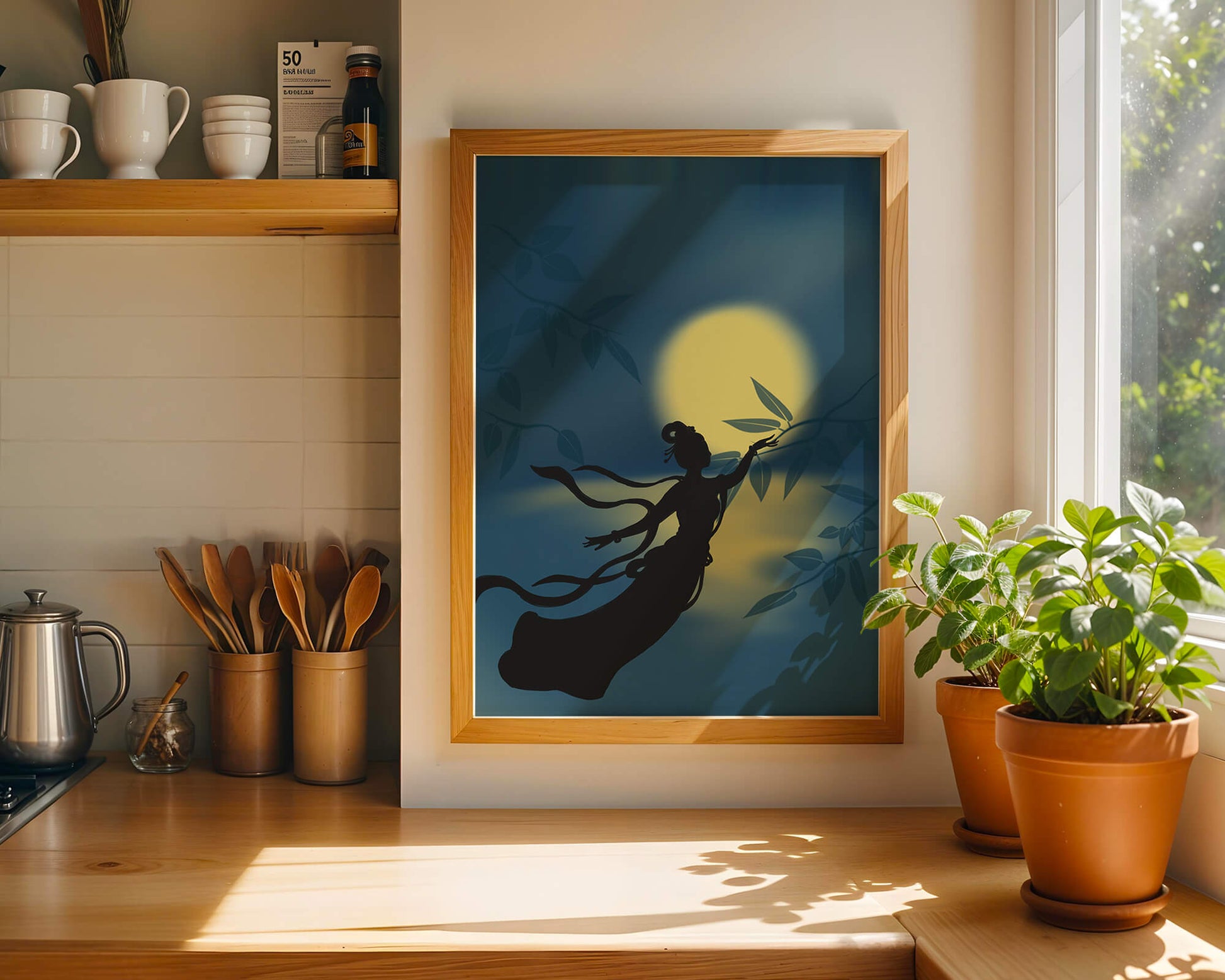 Silhouette of a Woman Reaching for Leaves in Front of a Full Moon