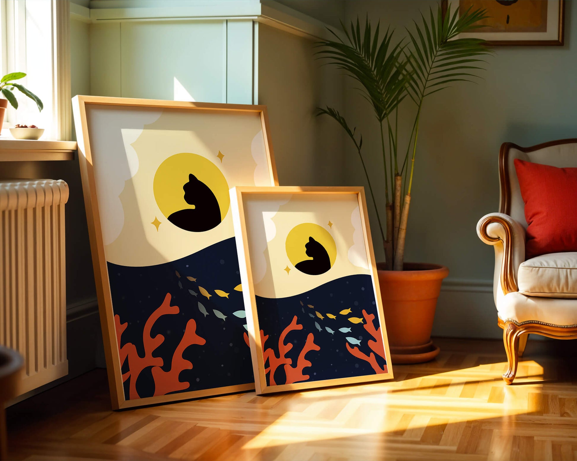 Ruhiges abstraktes Design mit Katzensilhouette und lebendiger Unterwasserszene