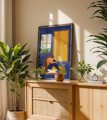 Woman sitting with an open magical book and a fairy in a room