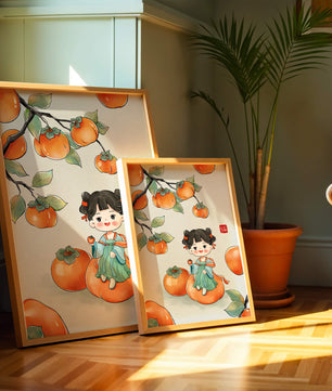 Illustration of a girl sitting on a persimmon surrounded by fruit and leaves