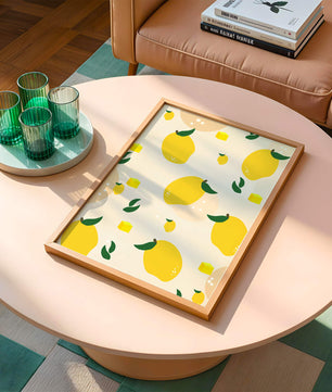 Playful lemon pattern with green leaves and abstract shapes