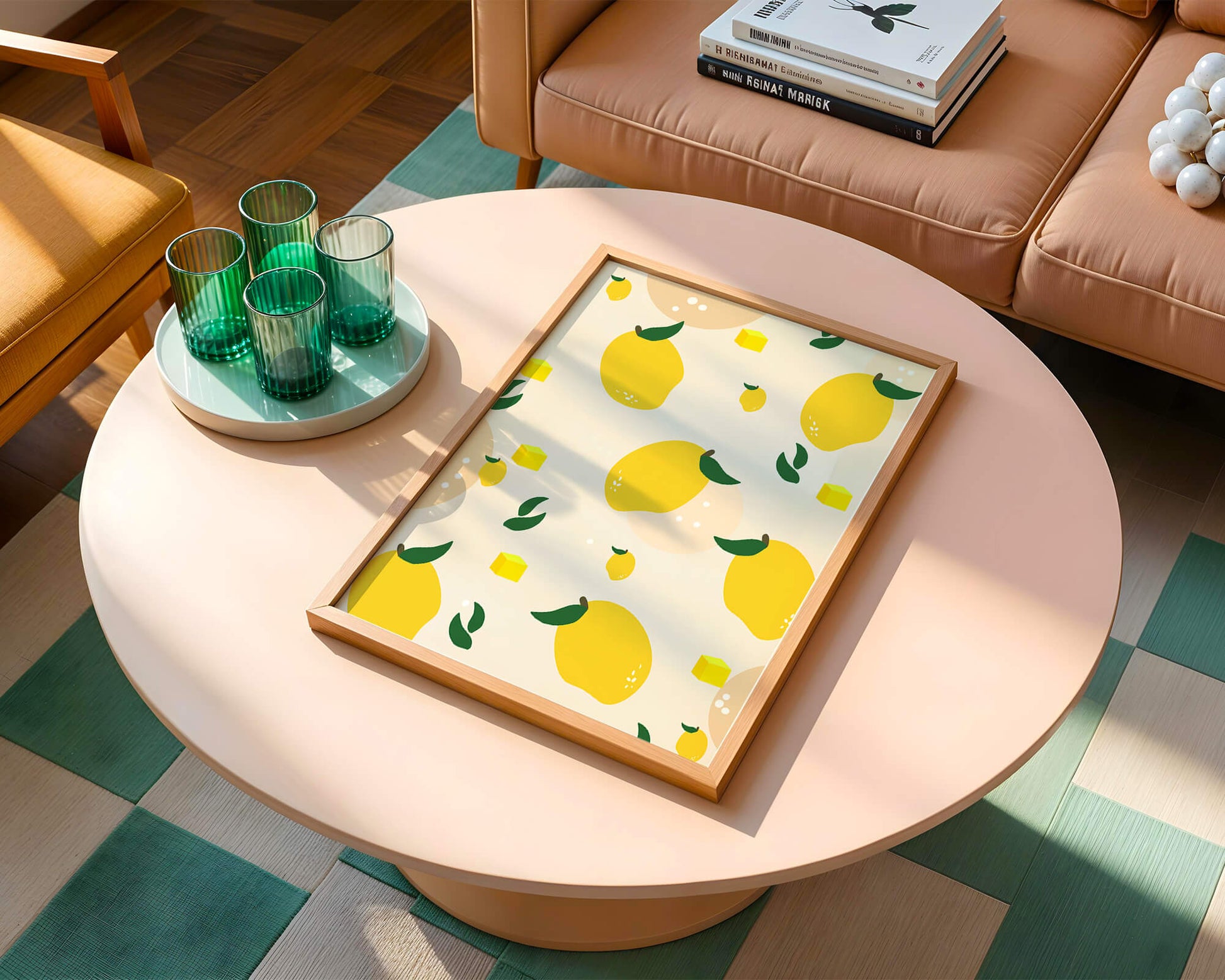 Playful lemon pattern with green leaves and abstract shapes
