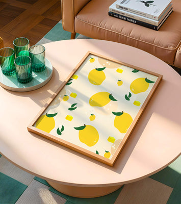 Playful lemon pattern with green leaves and abstract shapes