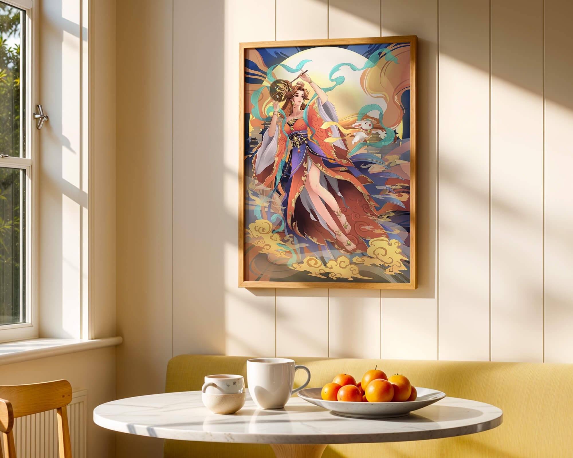 Elegant goddess with flowing robes against a mystical backdrop