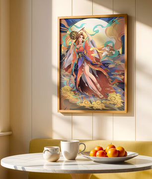 Elegant goddess with flowing robes against a mystical backdrop