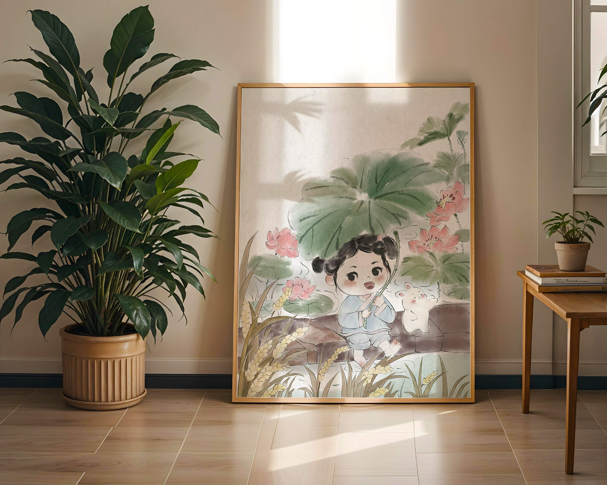 Charming illustration of a child with flowers and a bunny by the water