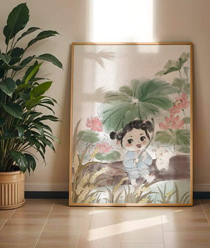 Charming illustration of a child with flowers and a bunny by the water
