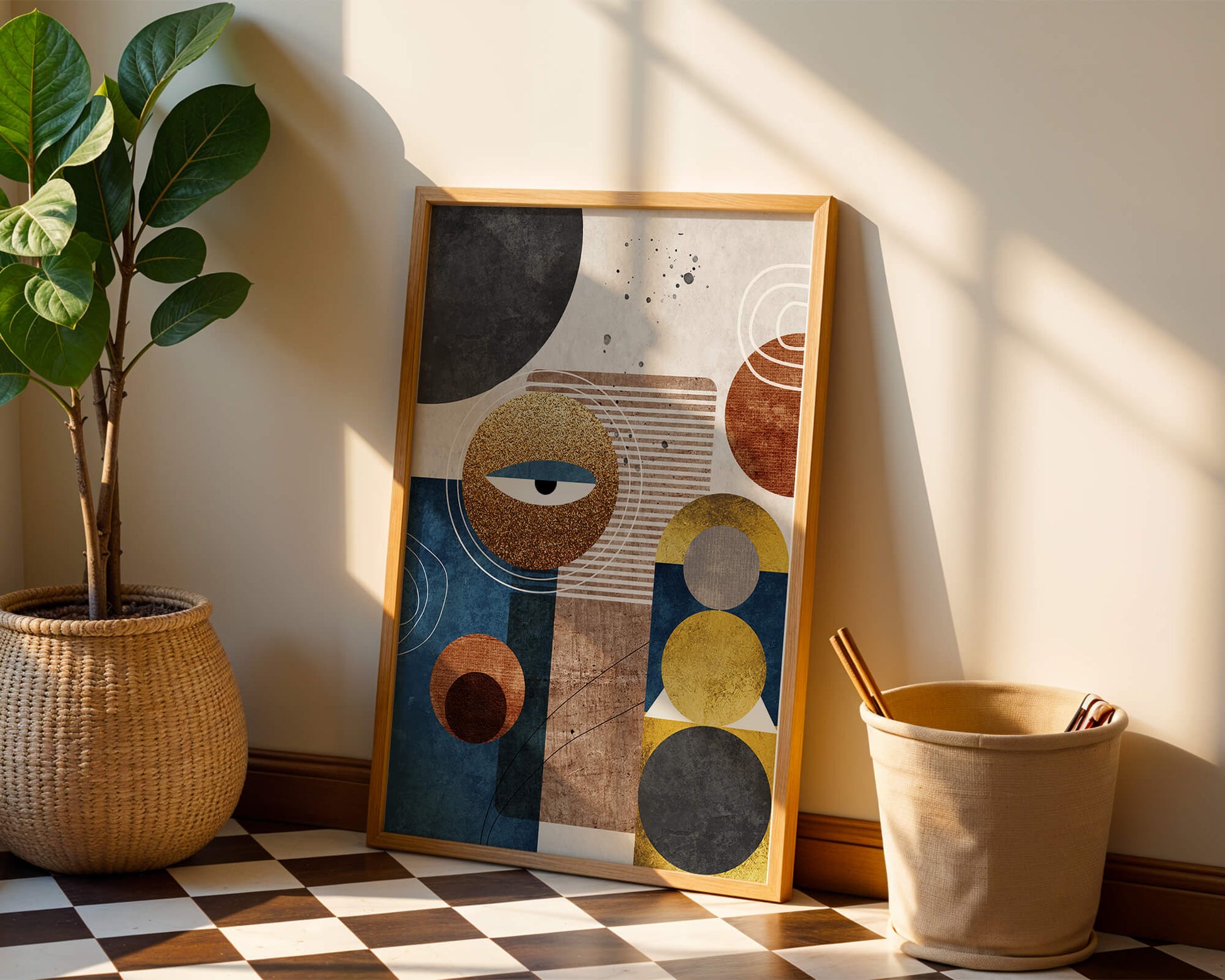 Abstract geometric artwork with gold and blue elements