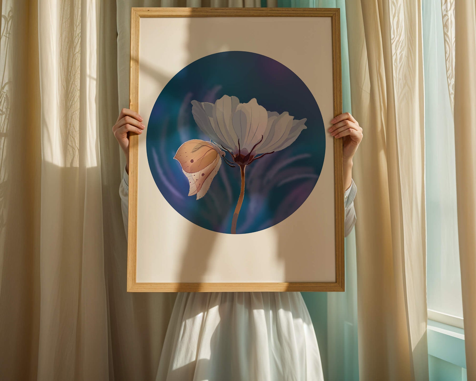 Delicate butterfly resting on a white flower in a serene blue background