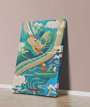 Colorful dragon and child illustration with vibrant waves and clouds