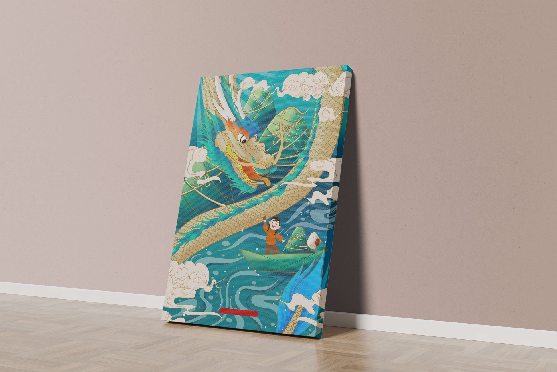 Colorful dragon and child illustration with vibrant waves and clouds