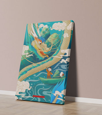 Colorful dragon and child illustration with vibrant waves and clouds