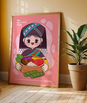 Personnage de dessin animé charmant en tenue traditionnelle tenant un panier de nourriture coloré
