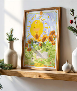 Ilustración encantadora de Aries con animales juguetones y girasoles