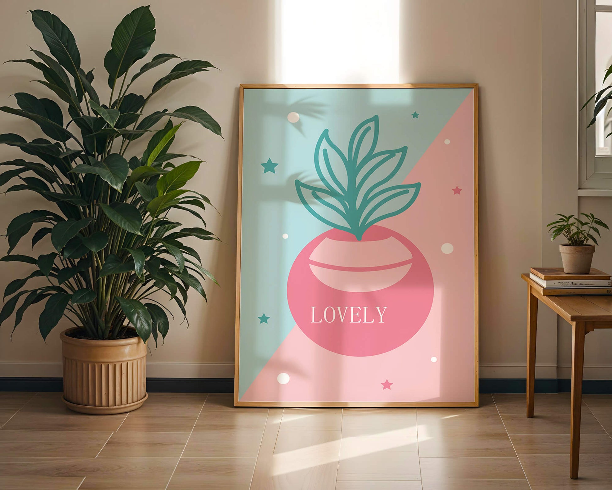 Playful pastel illustration with plant motif and stars