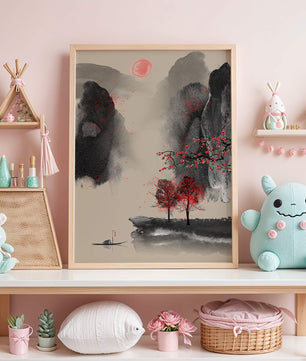 Serene landscape with red foliage and misty mountains