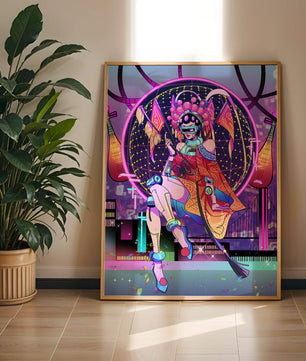 Personaje futurista con atuendo tradicional asiático y telón de fondo de ciudad neón