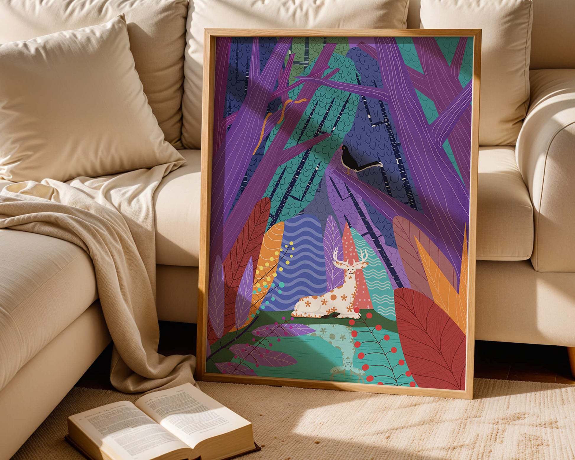 Colorful forest scene with deer and bird under vibrant foliage