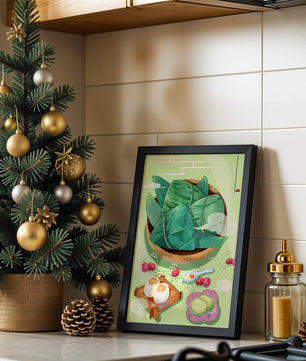 Traditional Asian food illustration with rice dumplings and mooncakes on a green background