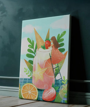 Bezaubernde Sommergetränk-Illustration mit Früchten, Blättern und einem Kind