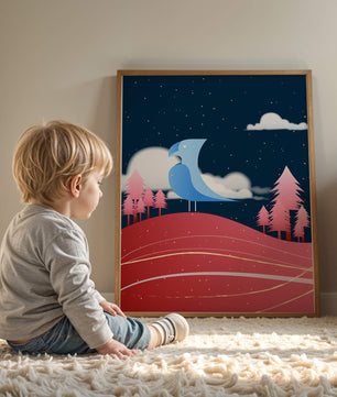 Colorful Night Scene with Blue Bird Under Starry Sky - Mi tienda