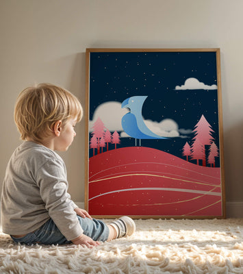 Colorful Night Scene with Blue Bird Under Starry Sky