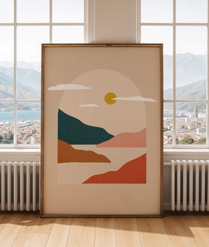 Paysage minimaliste avec montagnes et soleil