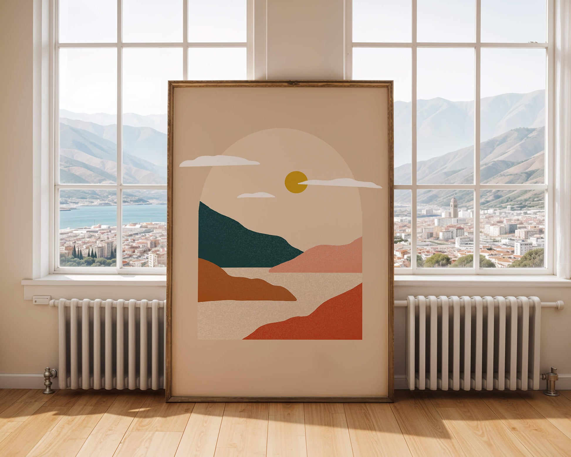 Paysage minimaliste avec montagnes et soleil