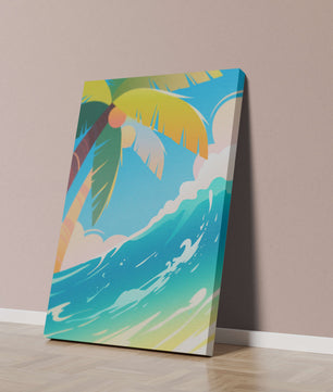 Escena vibrante de playa tropical con palmera y ola del océano