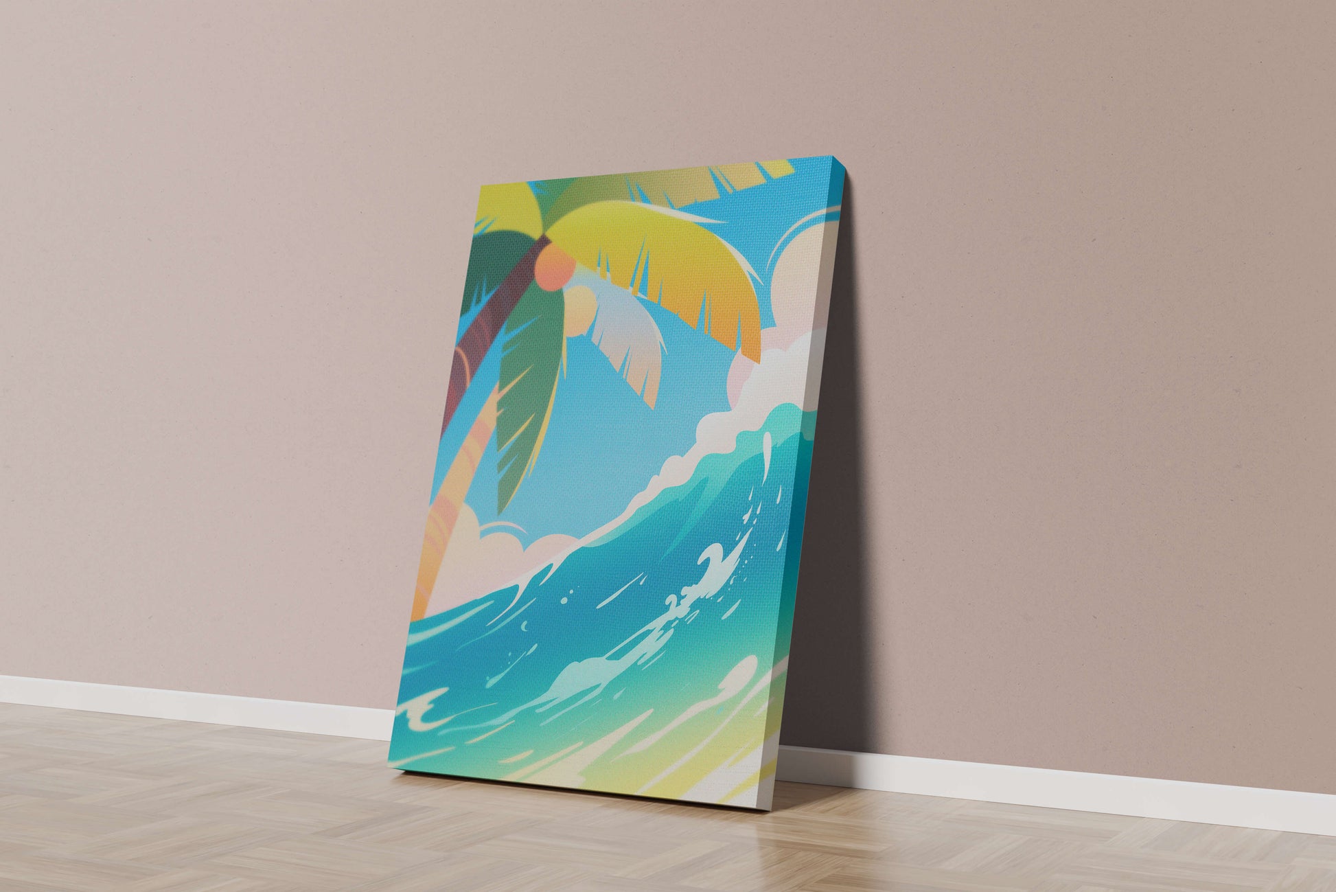 Escena vibrante de playa tropical con palmera y ola del océano